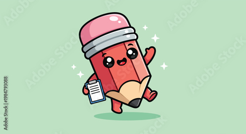 Cute Kawaii Red Pencil Mascot Character Holding a Clipboard Cartoon Illustration.