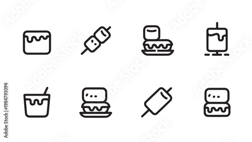 Linear icons of marshmallows being roasted on sticks and made into delicious s'mores.