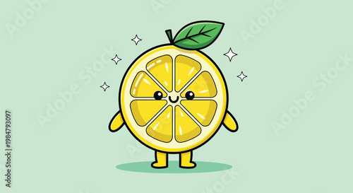 Cute Lemon Slice Character with Leaf Illustration.