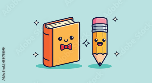 Cute Kawaii Book and Pencil Characters with Sparkles.