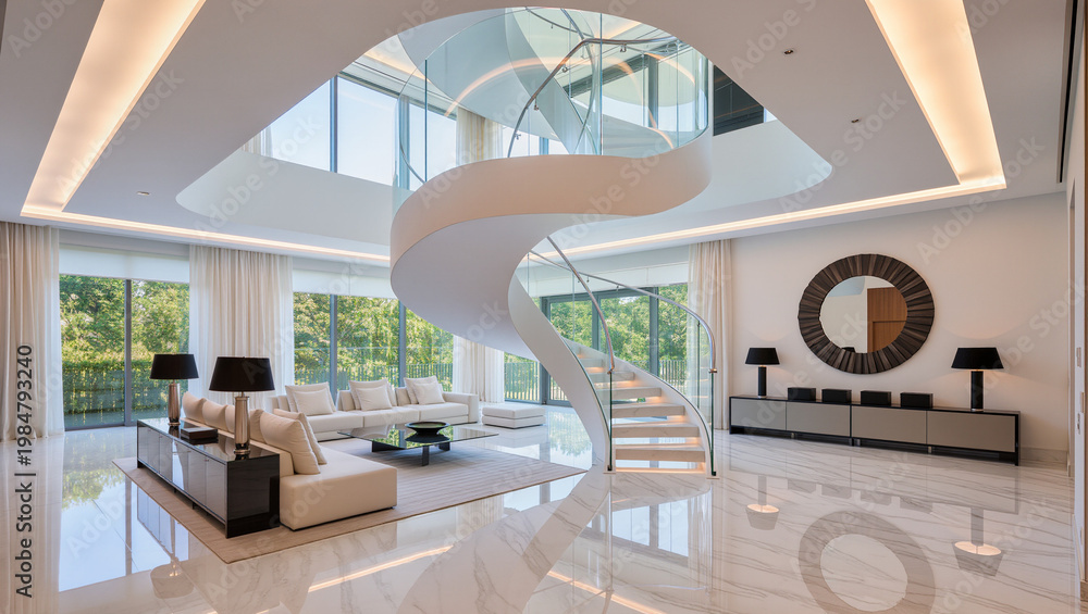 Fototapeta premium Luxurious Modern Living Room with Elegant Spiral Staircase and High Ceilings