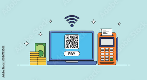 Digital Online Payment System with QR Code on Laptop and POS Terminal Illustration.
