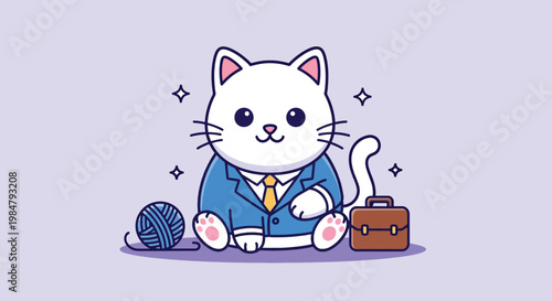 Cute White Cat Businessman in Blue Suit with Briefcase and Yarn Ball Illustration.