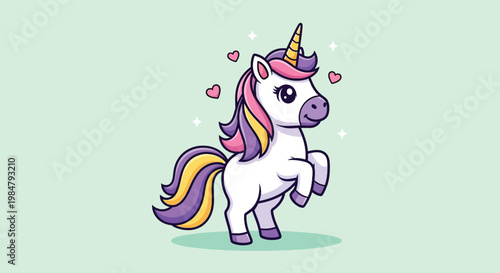 Cute Unicorn Illustration with Hearts and Sparkles.