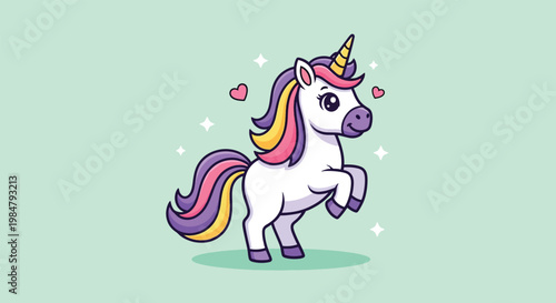 Cute Unicorn Standing on Hind Legs with Colorful Mane and Tail.