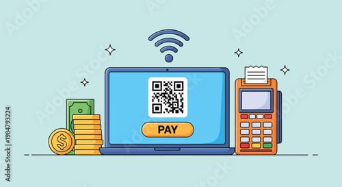 Digital Payment System with QR Code and Laptop.