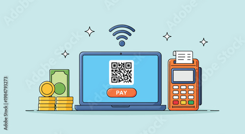 Digital Payment System with QR Code and POS Terminal Vector Illustration.
