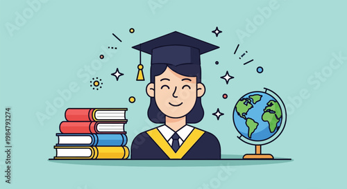 Graduation Cap and Gown with Books and Globe Illustration.