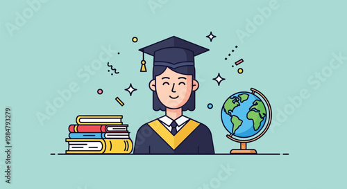 Graduation Concept with Books and Globe Illustration.