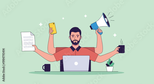 Multitasking Man Juggling Tasks with Multiple Arms at Desk.