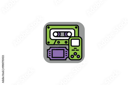 A stylized icon depicting a cassette tape a pager and a handheld gaming console