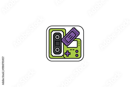 A stylized illustration depicts a retro game console with a game cartridge above it