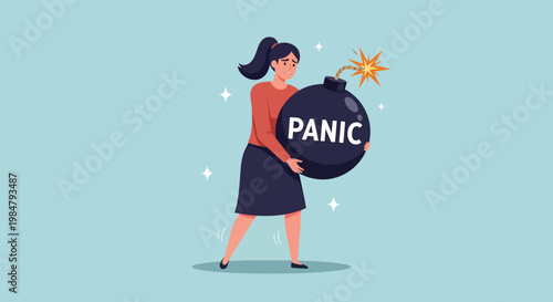 Woman holding a panic bomb symbolizing stress and anxiety.