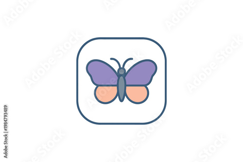 A simple flat design illustration of a purple and orange butterfly within a blue frame