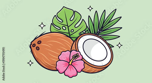 Tropical Coconut with Hibiscus Flower and Palm Leaves Illustration.