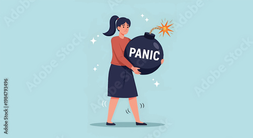 Woman holding a bomb with the word PANIC on it symbolizing stress and anxiety.