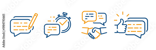 feedback icon set, outline icons of writing article, quick response, client review, business dialogue, feedback thin line web symbols on white background - editable stroke vector illustration