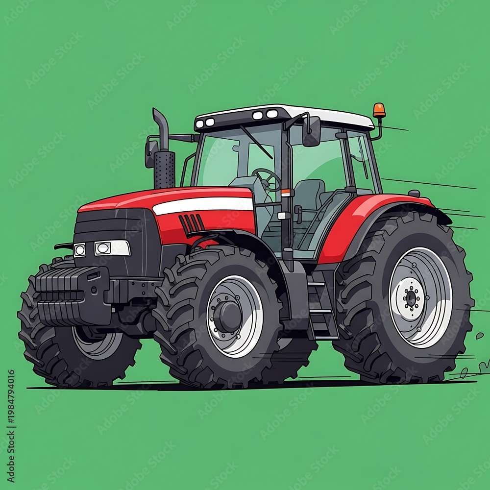 Obraz premium A red, powerful agricultural tractor with large tires on a bright green background