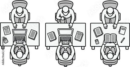 Top view office desks with people working, laptops, books, collaboration, supervision, study assistance, creative vector illustration for education and business content