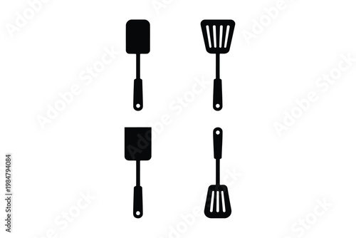 Black silhouettes of kitchen spatulas and turners displayed in a simple graphic arrangement