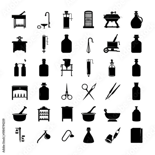 Collection of Vintage Medical and Laboratory Equipment Icons.