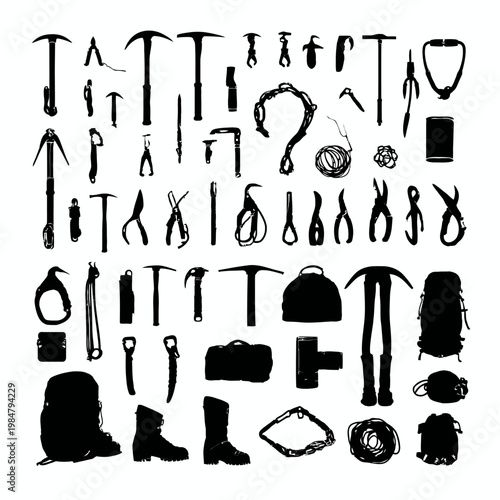 Collection of mountaineering and climbing equipment silhouettes.