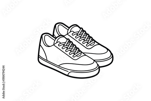 A simple black and white line drawing depicting a pair of casual sneakers