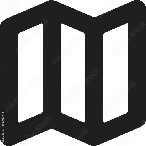 Black and white graphic icon representing a folded map with navigation
