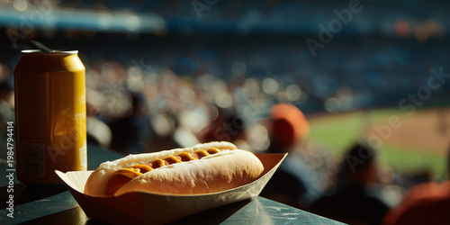 Hot dog and drink at a sporting event, capturing the essence of casual eating at a game