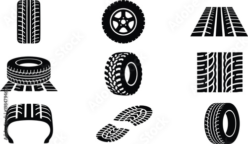 Black car tire icons and rubber tread patterns, automotive wheel silhouettes and tire track vector set, 9 industrial vehicle tire elements
