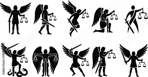 Archangel Michael silhouettes with sword and scales, set of 10 divine justice icons, celestial angel warrior vector graphics for religious law