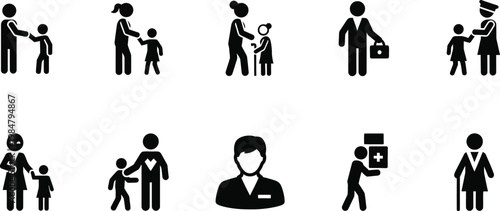 Collection of icons depicting adults interacting with children and professionals children guidance