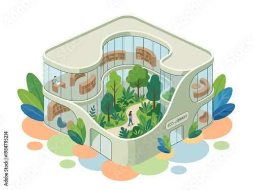 Isometric sustainable Eco-Library building with green courtyard