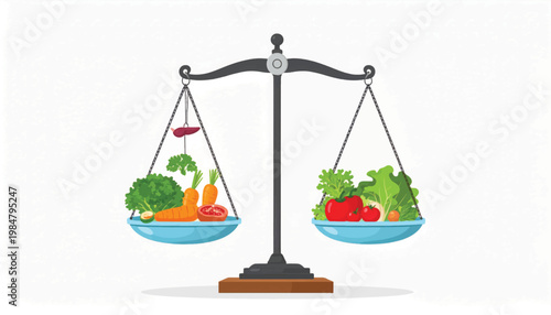 Balanced Scale with Fresh Vegetables and Fruits.