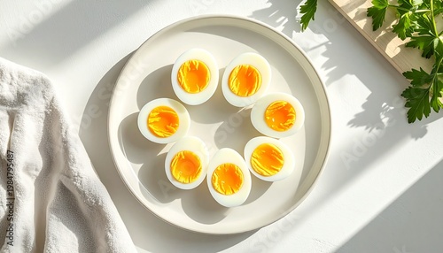 半熟卵 シンプルな食卓 ミニマル構図, Soft boiled eggs simple minimal food composition