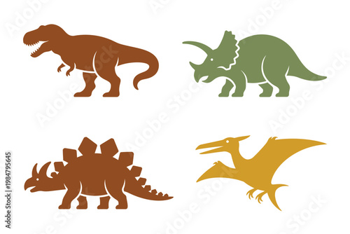 Silhouettes of four prehistoric dinosaurs including a tyrannosaurus rex and triceratops