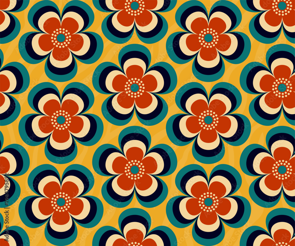 Fototapeta premium Retro floral Mid Century modern stylized flowers, 1970s mod seamless vector pattern illustration. For home decor, wallpapers, fabrics and textile.