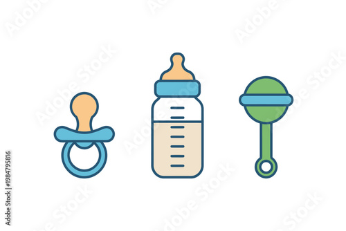 A colorful illustration depicts a baby pacifier bottle and rattle in a simple style