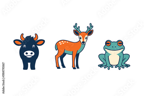 A colorful illustration depicts a cow a deer and a frog standing side by side