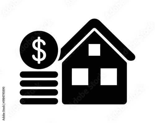 Black vector house icon with dollar sign and coins