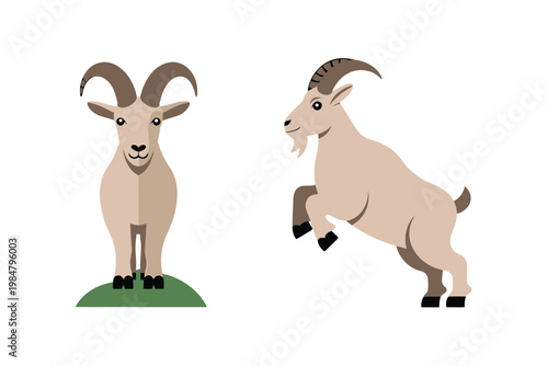 Two stylized goats are depicted one standing and one mid leap facing different directions