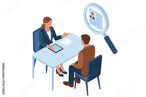 An isometric illustration depicts a job interview scenario with a recruiter and candidate