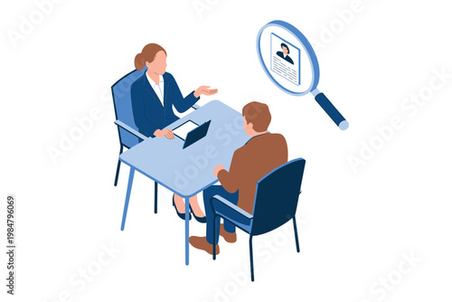 An isometric illustration depicts a job interview scene with a recruiter and applicant