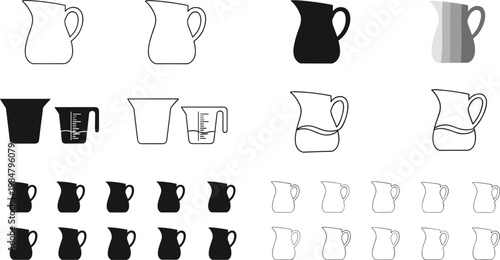 Set of Vector Illustrations of Different Pitchers and Cups with Various Designs, Ideal for Kitchenware, Drinkware, and Hospitality Graphics