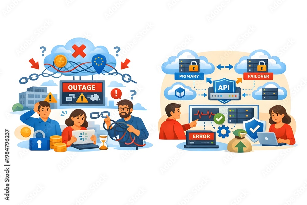 Naklejka premium Cloud SLA Downtime Risk Illustration – Prevent Service Failure with Failover & Health Check Diagram