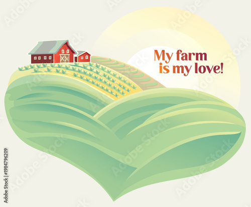 Vector illustration of a stylized farm landscape in the shape of a heart, with fields, a farmhouse. Warm rural theme,  suitable for agriculture, eco, and countryside design.