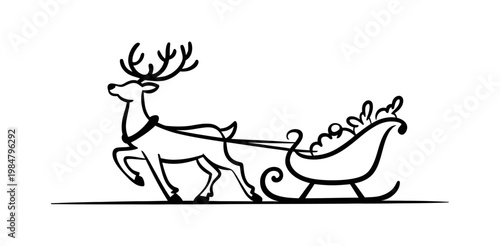 Vector of a reindeer pulling a sleigh in a simple black line art style.