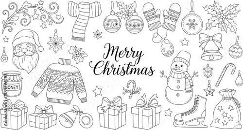 Christmas doodle vector set with santa gifts ornaments and winter elements hand drawn illustration isolated on white