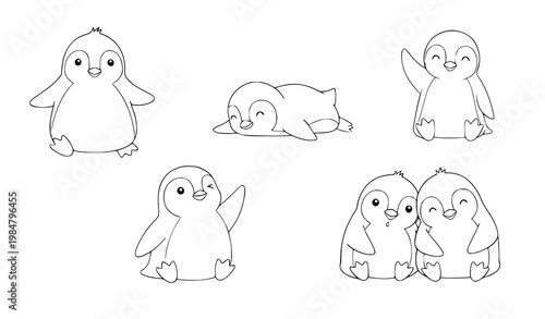 Penguin set hand drawn cute arctic animals vector illustration