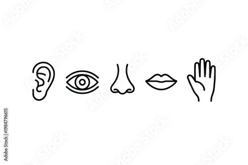 Simple line drawings depict a human ear eye nose lips and outstretched hand